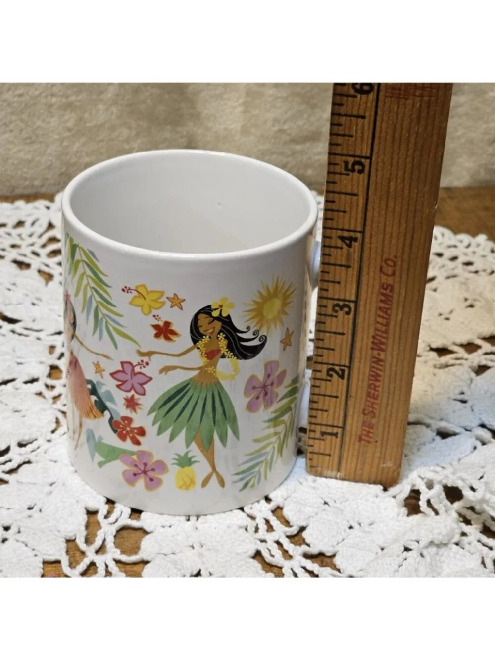 Island Hula Honeys Mug 12 oz White Coffee Cup Hawaiian Florals Hula Dancers Maui